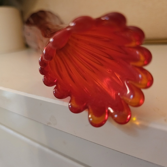 Vintage Fenton Amberina Red Carnival Swung Art Glass Vase Ruffle Bud Thumbprint - Picture 4 of 11